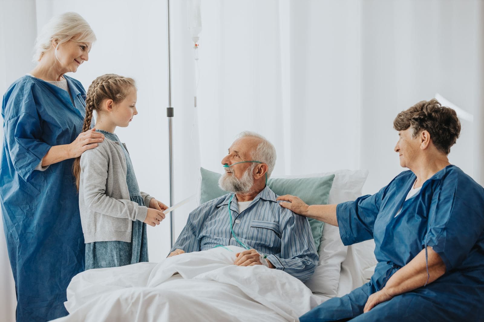 Personalized 1:1 ACHPN Exam Readiness Session Family visiting a senior patient in a hospital room during personalized Hospice and Palliative Care ACHPN exam readiness support
